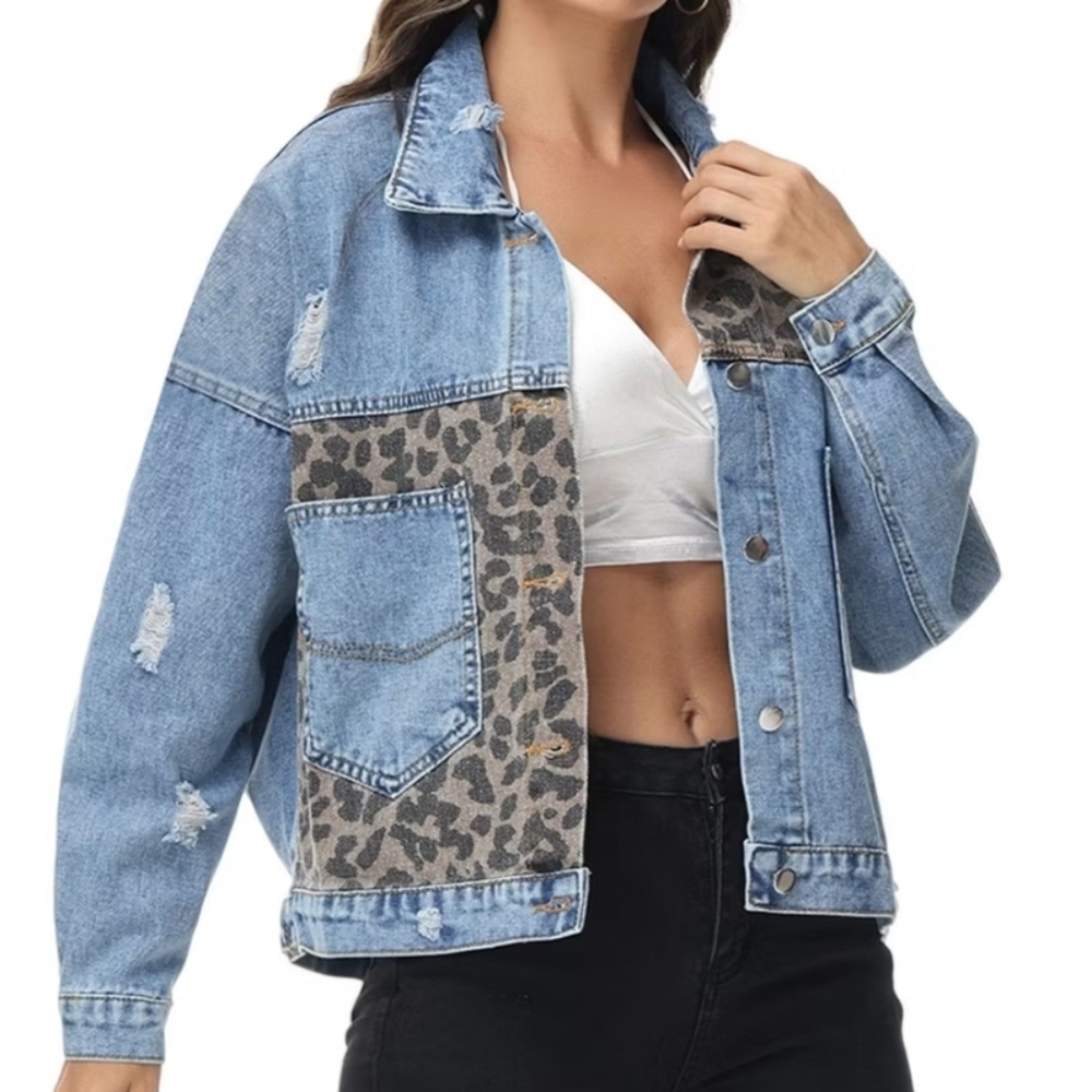 Leopard Print Denim Jacket - Picture 2 of 13